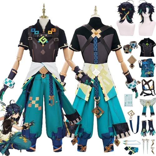 bbganlian Genshin Impact Kinich Cosplay Kostüm Outfit Spielcharakter Uniform Komplettes Set Halloween Karneval Dress Up Anzug mit Perücke Kopfschmuck Ohrringe für Männer Jungen (L) von bbganlian