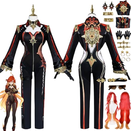 bbganlian Genshin Impact Mavuika Cosplay Kostüm Outfit Spielcharakter Uniform Komplettes Set Halloween Party Karneval Dress Up Anzug mit Perücke Ohrringen Sonnenbrille für Damen (L) von bbganlian