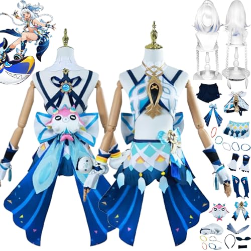 bbganlian Genshin Impact Mualani Cosplay Kostüm Outfit Spielcharakter Navia Uniform Komplettes Set Halloween Party Karneval Dress Up Anzug mit Perücke Kopfschmuck für Frauen (L) von bbganlian