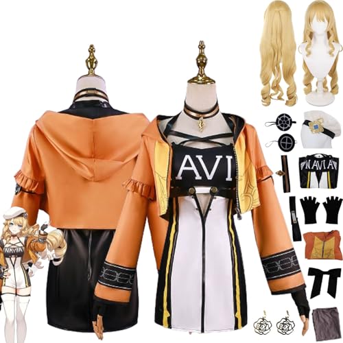 bbganlian Genshin Impact Navia Neue Haut Cosplay Kostüm Outfit Spiel Charakter Uniform Komplettes Set Halloween Karneval Dress Up Anzug mit Hut Perücke Ohrringe für Frauen Mädchen (S) von bbganlian