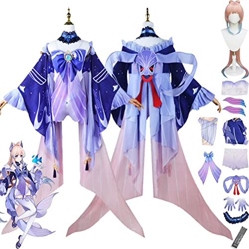 bbganlian Genshin Impact Sangonomiya Kokomi Cosplay Kostüm Outfit Spielcharakter Uniform Komplettes Set Halloween Karneval Party Dress Up Anzug mit Perücke Ohrring für Frauen (XXXL) von bbganlian