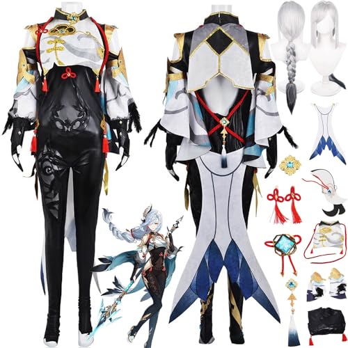 bbganlian Genshin Impact Shenhe Cosplay Kostüm Outfit Spielcharakter Uniform Komplettes Set Halloween Karneval Dress Up Anzug mit Perücke Kopfschmuck Ohrclip für Frauen Mädchen (L) von bbganlian