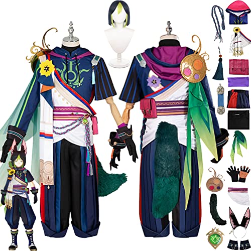 bbganlian Genshin Impact Tighnari Cosplay Kostüm Outfit Spielcharakter Focalors Uniform Komplettes Set Halloween Karneval Party Dress Up Anzug mit Perücke Schwanz für Frauen (L) von bbganlian