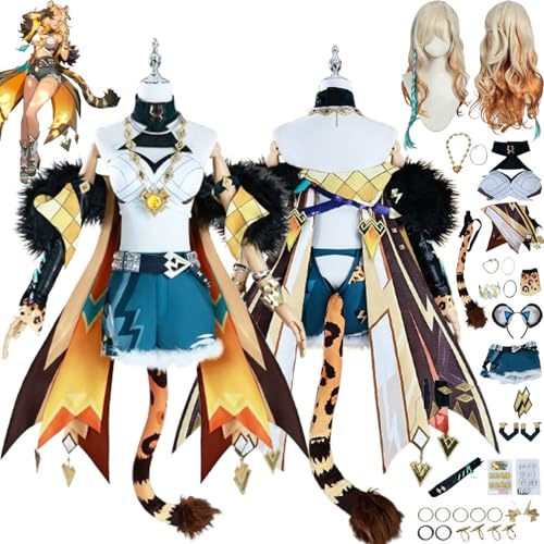 bbganlian Genshin Impact Xilonen Cosplay Kostüm Outfit Spielcharakter Uniform Komplettes Set Halloween Party Karneval Dress Up Anzug mit Perücke Kopfschmuck Schwanz für Frauen (L) von bbganlian