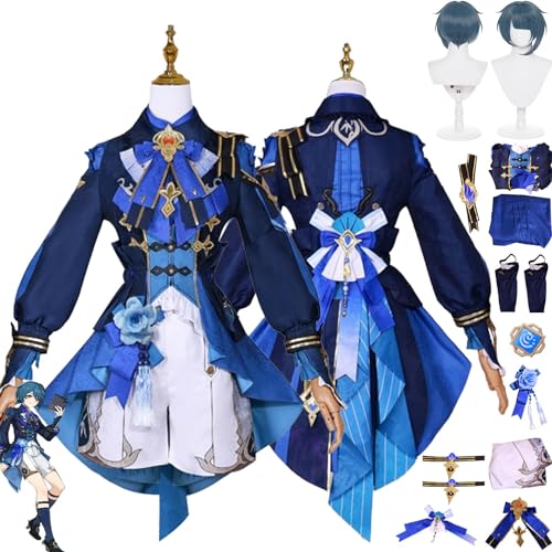 bbganlian Genshin Impact Xingqiu Neue Haut Cosplay Kostüm Outfit Spiel Charakter Focalors Uniform Full Set Halloween Party Karneval Dress Up Anzug mit Perücke für Frauen (L) von bbganlian