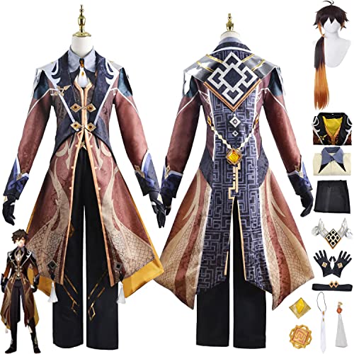 bbganlian Genshin Impact Zhongli Cosplay Kostüm Outfit Spielcharakter Kinich Uniform Komplettes Set Halloween Party Karneval Dress Up Anzug mit Perücke Ohrring für Männer (L) von bbganlian