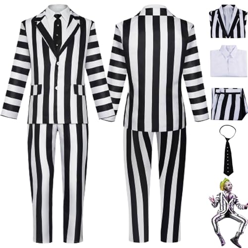 bbganlian Grusel Film B'eetle J'uice Cosplay Kostüm Outfit Schwarz und Weiß Gestreift Uniform Mantel Hemd Komplettes Set Halloween Karneval Party Dress Up Anzug für Männer Jungen (L) von bbganlian