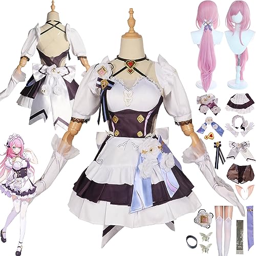 bbganlian Honkai Impact 3 Elysia Cosplay Kostüm Maid Outfit Spiel Charakter Uniform Komplettes Set Halloween Party Karneval Dress Up Anzug mit Falsche Ohr Perücke für Frauen (XL) von bbganlian