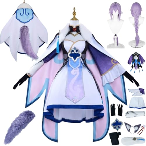 bbganlian Honkai Star Rail Baiheng Cosplay Kostüm Outfit Spielcharakter Uniform Komplettes Set Halloween Party Karneval Dress Up Anzug mit Perücke Kopfschmuck Schwanz für Frauen (L) von bbganlian