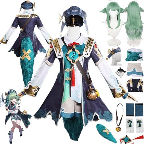 bbganlian Honkai Star Rail HuoHuo Cosplay Kostüm Outfit Spiel Charakter Feixiao Uniform Komplettes Set Halloween Party Karneval Dress Up Anzug mit Hut Schwanz Perücke für Frauen (L) von bbganlian