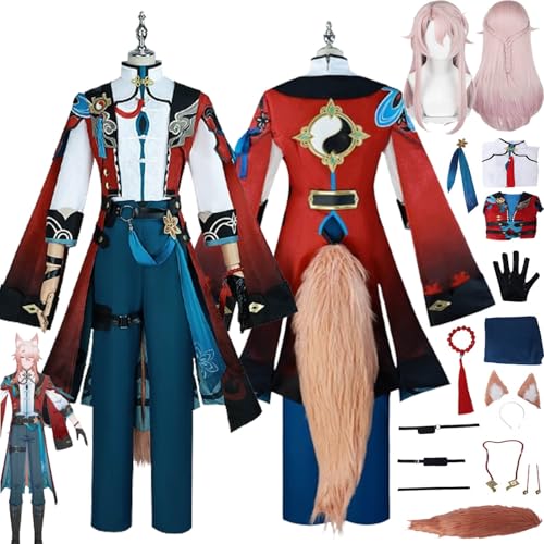 bbganlian Honkai Star Rail Jiao Qiu Cosplay Kostüm Outfit Spielcharakter Uniform Komplettes Set Halloween Karneval Dress Up Anzug mit Perücke Kopfschmuck Schwanz für Männer Jungen (L) von bbganlian