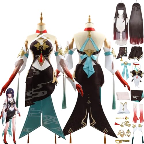 bbganlian Honkai Star Rail Lingsha Cosplay Kostüm Outfit Spielcharakter Feixiao Uniform Komplettes Set Halloween Party Karneval Dress Up Anzug mit Perücke Kopfschmuck für Frauen (L) von bbganlian