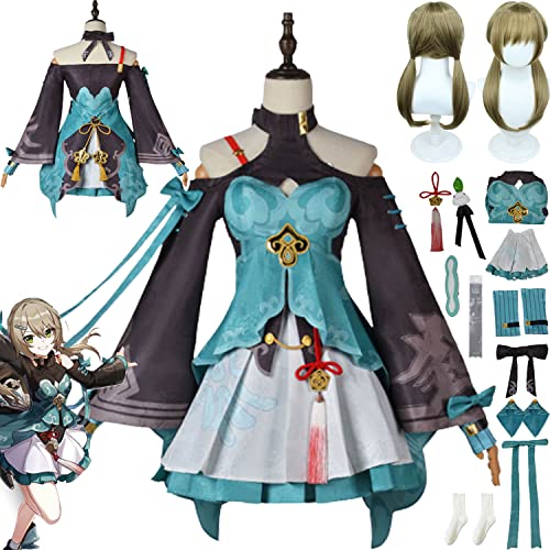 bbganlian Honkai Star Rail Qingque Cosplay Kostüm Outfit Spielcharakter Sunday Uniform Komplettes Set Halloween Karneval Party Dress Up Anzug mit Perücke Kopfschmuck für Frauen (M) von bbganlian