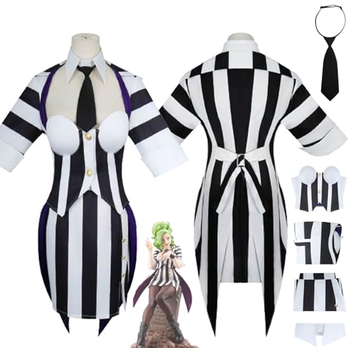 bbganlian Horror Film B'eetle J'uice Cosplay Kostüm Outfit Schwarz Weiß Gestreift Smoking Gruseliger Geist Uniform Komplettes Set Halloween Karneval Party Dress Up Anzug für Frauen (L) von bbganlian