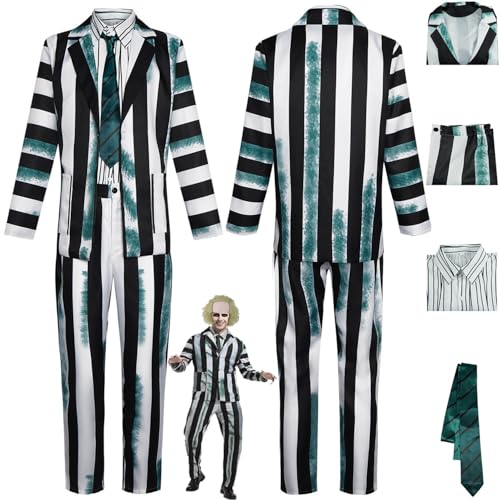 bbganlian Horror Film B'eetle J'uice Cosplay Kostüm Outfit Schwarz Weiß Gestreift Smoking Gruseliger Geist Uniform Komplettes Set Halloween Karneval Party Dress Up Anzug für Männer (L) von bbganlian