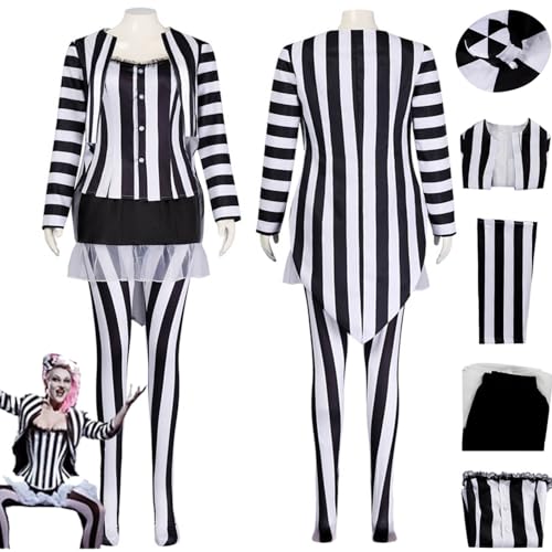 bbganlian Horror Film B'eetle J'uice Cosplay Kostüm Outfit Schwarz Weiß Gestreift Smoking Gruseliger Geist Uniform Komplettes Set Halloween Party Dress Up Anzug mit Hut für Frauen (L) von bbganlian