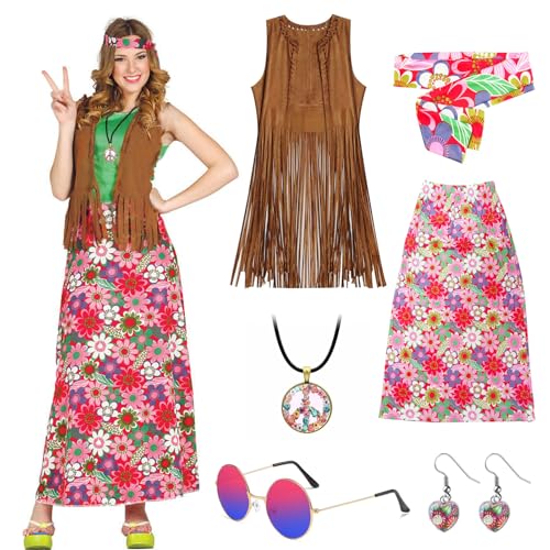 70er Jahre Bekleidung Damen, 7 Stück Hippie Kleid Damen, Flower Power Kleidung Damen, Mode Damen Kostüm Fasching, Disco Kostüm Damen Inklusive Hippie Kleid, Fransenweste, Hippie Accessoires Damen(M) von bechoanigel