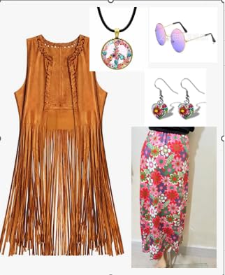 70er Jahre Bekleidung Damen, 7 Stück Hippie Kleid Damen, Flower Power Kleidung Damen, Mode Damen Kostüm Fasching, Disco Kostüm Damen Inklusive Hippie Kleid, Fransenweste, Hippie Accessoires Damen(M) von bechoanigel