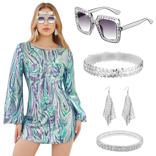 70er Jahre Outfit Damen,5pcs Disco Outfit Damen,Kleid Damen mit Mode Pailletten und Accessoires,Damen 70er Hippie Accessoires, Hippy Damen Party Outfi, Hippie Bolero Karneval Faschingskostüme(XXL) von bechoanigel