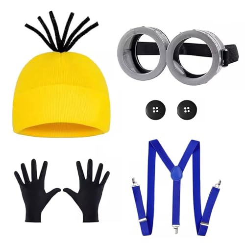 bechoanigel Karneval Kostüm Zubehör 5 Stück, Film Cosplay Zubehör Brille Gelber Mütze Handschuhe Gurt Tasten, Karneval Kostüm für Damen Herren Kinder, Karnevalskostüm Zubehör für Party Cosplay von bechoanigel