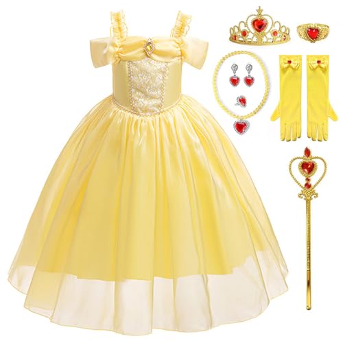 Prinzessin Kleid Mädchen, Gelbes Prinzessin Kostüm Mädchen mit Krone, Zauberstab, Ring, Halskette, Ohrringen, Handschuhe, Mädchen Tutu Kleid für Geburtstagsfeiern, Bälle, Weihnachten, Karneval (110) von bechoanigel