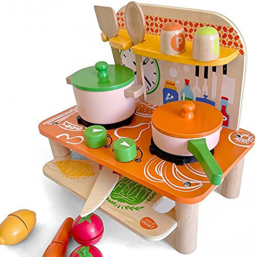 Küchen-Set aus Holz 19 stck mit zubehör | Spielset für Kinder mit Töpfen, Essen, Schneidebrett, Utensilien, Obst & gemüsespielzeug | Holzspielzeug Geburtstagsgeschenke für Kleinkind Jungen & Mädchen von bee SMART