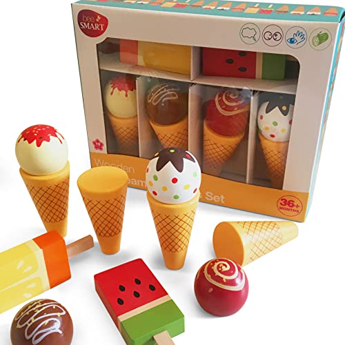 Spiel-Eiscreme-Set aus Holz – Eistüten & Eislutscher Rollenspiel-Essensspielzeug für Kleinkinder | Magnetisches austauschbares Eis | Kinder fantasievolles Essen | Jungen & Mädchen Geburtstagsgeschenke von bee SMART