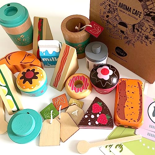 bee SMART Holz Lebensmittel Café Spielzeuggeschäft für Kinder | Zubehör für Spielzeuggeschäfte & Küchenspielsets | Ink. Kuchen, Gebäck, Heißgetränke, Sandwiches | Jungen & Mädchen Geburtstagsgeschenke von bee SMART