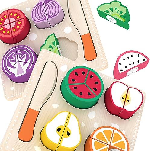 Holzspielzeug Obst und Gemüse zum Schneiden, Dinette Essen Zubehör mit Utensil | Montessori Lerngeschenke für Kleinkinder | Inklusive 2 Puzzles | Kinder Geburtstagsgeschenke von bee SMART