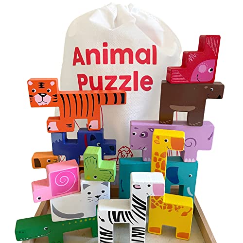 Stapelspiel Holzspielzeug Set 14 Tlg - Tierbausteine Lernspiel Aktivitätsspielzeug | Holzbox und Geschenktasche | Montessori Lerngeschenke | Kindergeburtstagsgeschenke & Holzaktivität Geschenke 18M+ von bee SMART