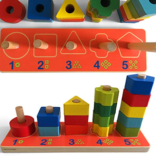 bee SMART Geometrisches Sortierbrett aus Holz - Stapelbares Puzzlespiel zum Sortierspiel von Formen - Pädagogisches Lernspielzeug Aktivitätsspielzeug Geschenke für Kleinkinder, 18M+, 16 Teile von bee SMART