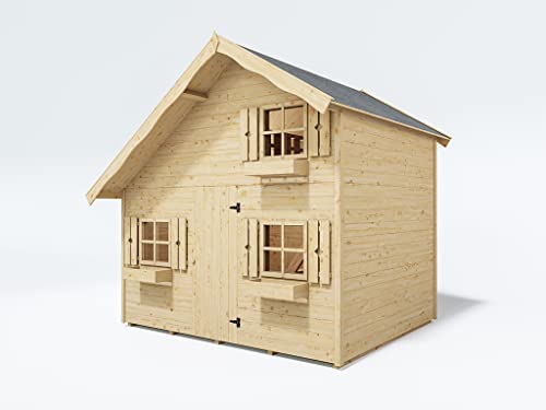 Belladoor Kinderspielhaus Tom aus 15 mm Naturbelassenem Holz mit zweiter Ebene und 4 Fenstern inkl. Fußboden 260 x 253 x 228 cm von belladoor