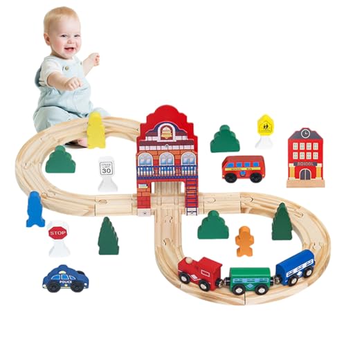 Holzeisenbahn-Set – Holzschienen-Set mit 5 Lokomotiven, Holzspielzeug Zug, Konstruktionsspielzeug, ausziehbare Eisenbahn-Zug-Spielzeug-Sets Bellv von bellv