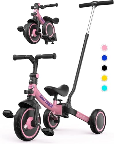 besrey 5 in 1 Laufräder Laufrad Kinderdreirad Dreirad Lauffahrrad Lauflernhilfe für Kinder ab 1 Jahre bis 4 Jahren (Rosa mit Schubstange) von besrey