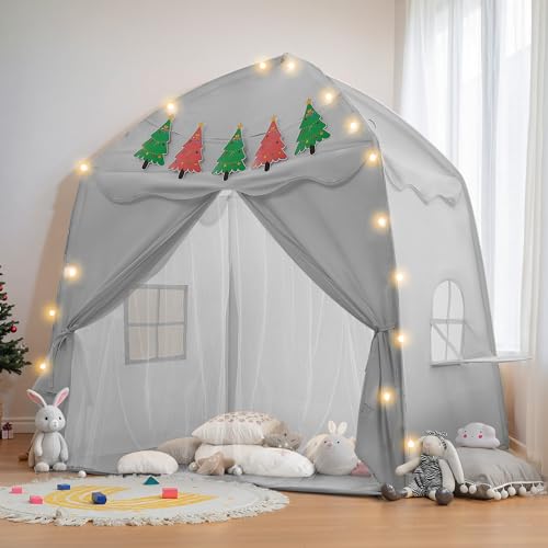 besrey Kinderzelt Spielhaus für Kinder, Spielzelt,Kinder Bettzelt XXL für drinnen mit Weihnachtsbaum-Banner & Lichtern, Ideal als Weihnachts Geschenk Prinzessin Zelt grau von besrey