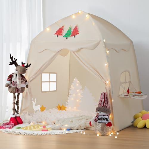 besrey Kinderzelt Spielhaus für Kinder,Spielzelt,Kinder Bettzelt XXL für drinnen mit Weihnachtsbaum-Banner & Lichtern, Ideal als Weihnachts Geschenk Prinzessin Zelt beige von besrey