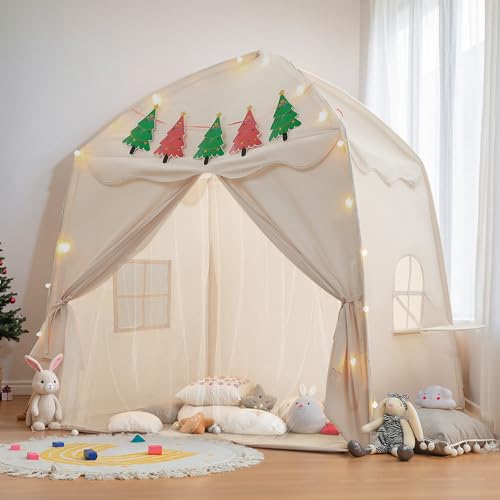 besrey Kinderzelt Spielhaus für Kinder,Spielzelt,Kinder Bettzelt XXL für drinnen mit Weihnachtsbaum-Banner & Lichtern, Ideal als Weihnachts Geschenk Prinzessin Zelt beige von besrey