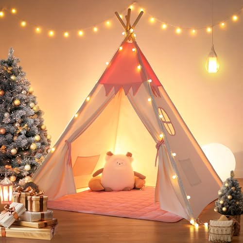 besrey Tipi Zelt für Kinder,Tippi Kinderzelt,Kinderzelt für drinnen,Kindertipi,Kinderzimmer Kuschelecke Mädchen Spielzelt (pink+beige) von besrey