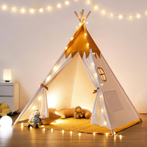 besrey Tipi Zelt für Kinder,Tippi Kinderzelt Tipi Zelt Indoor, Kinderzelt Outdoor aus Baumwolle mit Gepolsterter Decke & Lichtern Kinder Zelte für Zimmer von besrey