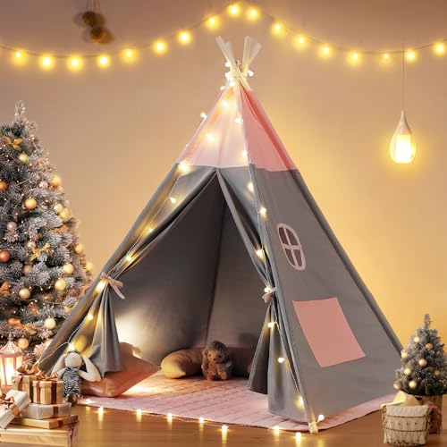 besrey Tipi Zelt für Kinder,Kinderzelt, Tippi Kinderzelt Indoor mit Gepolsterter Decke & Lichterkette aus Baumwolle Kinderzimmer Mädchen von besrey