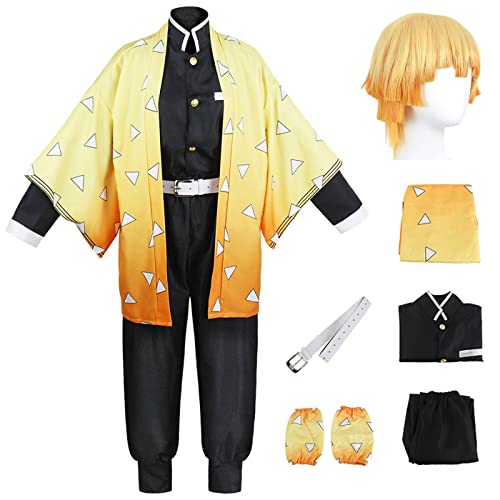 bi bi hou Agatsuma Zenitsu Cosplay Kostüm mit Perücke Anime Kostüm Kimetsu no Yaiba Cosplay Zenitsu Kimono Set Weihnachten Halloween Karneval Party Bühnenauftritt Kostüm Erwachsene von bi bi hou