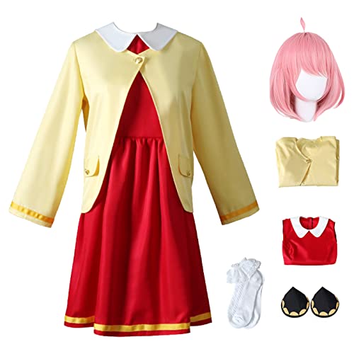 bi bi hou Anya Forger Cosplay Kostüm mit Perücke Anime Spy X Family Cosplay Kostüm Anya Cosplay Outfit Halloween Karneval Party Bühnenauftritt Kostüm für Erwachsene von bi bi hou