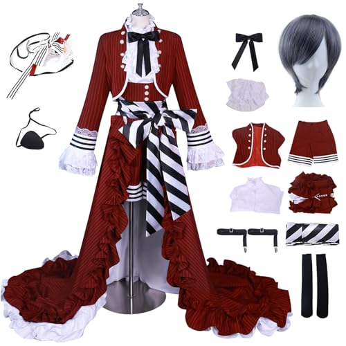 bi bi hou Ciel Cosplay Kostüm Set mit Perücke Anime Kuroshitsuji Verkleidung Ciel Phantomhive Uniform Rot Weihnachten Halloween Karneval Party Bühnenauftritt Kostüm Gothic von bi bi hou