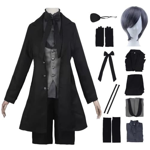 bi bi hou Ciel Cosplay Kostüm Set mit Perücke Anime Kuroshitsuji Verkleidung Ciel Phantomhive Uniform Weihnachten Halloween Karneval Party Bühnenauftritt Kostüm Schwarz Gothic von bi bi hou