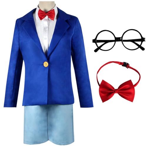 bi bi hou Conan Edogawa Cosplay Kostüm Set mit Brille Anime Detektiv Conan Verkleidung Edogawa Conan Uniform Weihnachten Halloween Karneval Party Bühnenauftritt Kostüm Erwachsene von bi bi hou