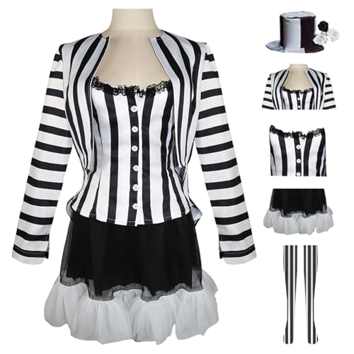 bi bi hou Damen Beetle J'uice Cosplay Kostüm Set B'eetleJuice Verkleidung Schwarz und Weiß Gestreifter Anzug Uniform Weihnachten Halloween Karneval Party Bühnenauftritt Kostüm Erwachsene von bi bi hou