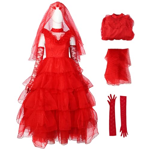 bi bi hou Damen Beetle J'uice Lydia Cosplay Kostüm Set B'eetleJuice Verkleidung Rot Hochzeitskleid Gothic Kleid Weihnachten Halloween Karneval Party Bühnenauftritt Kostüm Erwachsene von bi bi hou