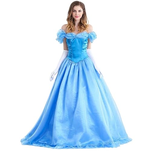 bi bi hou Damen Cinderella Prinzessin Kleid mit Handschuhen Aschenputtel Verkleidung Prinzessin Kostüm Blau Abendkleid Weihnachten Halloween Karneval Party Bühnenauftritt Kostüm für Erwachsene von bi bi hou