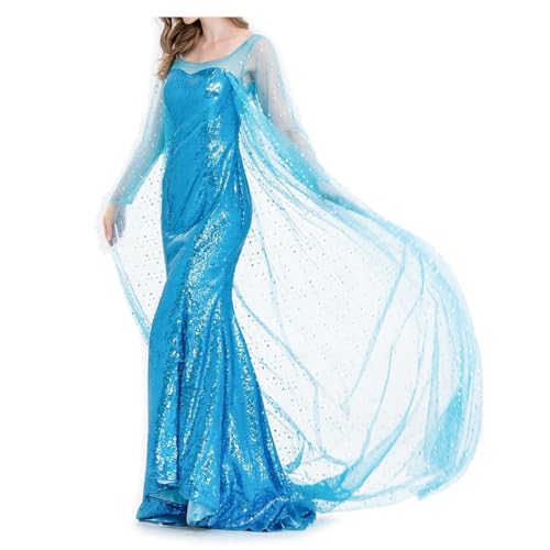 bi bi hou Damen ELSA Prinzessin Kleid mit Perücke Schneekönigin Verkleidung Prinzessin ELSA Cosplay Kostüm Weihnachten Halloween Karneval Party Bühnenauftritt Kostüm für Erwachsene von bi bi hou