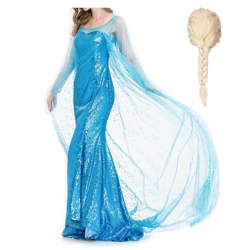 bi bi hou Damen Elsa Prinzessin Kleid mit Perücke Schneekönigin Verkleidung Prinzessin Elsa Cosplay Kostüm Weihnachten Halloween Karneval Party Bühnenauftritt Kostüm für Erwachsene von bi bi hou